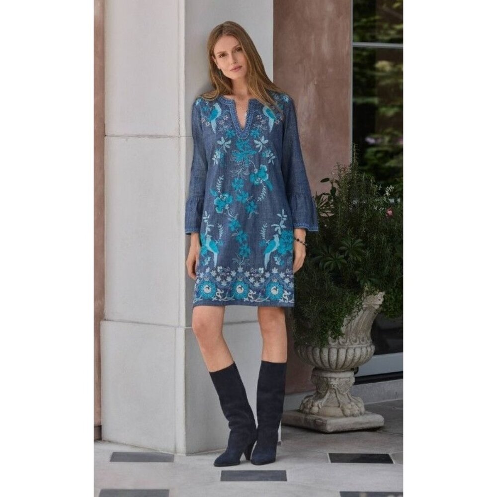 NWT Johnny Was Ruffle Sleeve Embroidered Dress Kikio Denim Blue V-Neck Size S - Picture 3 of 10